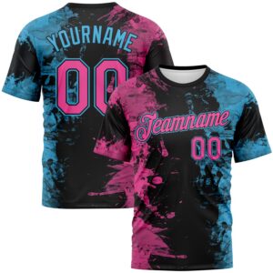 Custom Pink Black-Sky Blue 3D Pattern Ink Splash Duotono Style Performance T-Shirt
