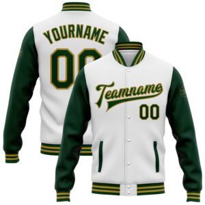 Custom White Green-Old Gold Bomber Full-Snap Varsity Letterman Two Tone Jacket